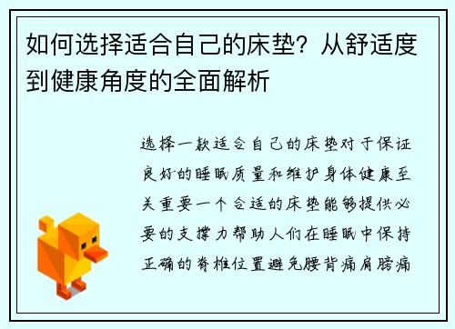 如何选择适合自己的床垫？从舒适度到健康角度的全面解析