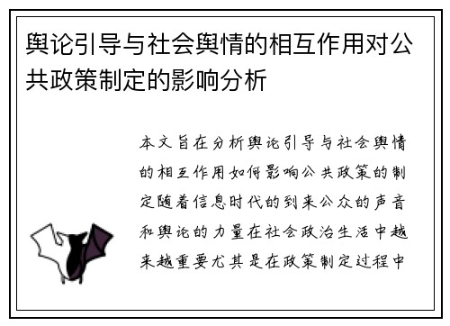 舆论引导与社会舆情的相互作用对公共政策制定的影响分析