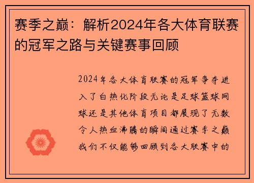 赛季之巅：解析2024年各大体育联赛的冠军之路与关键赛事回顾