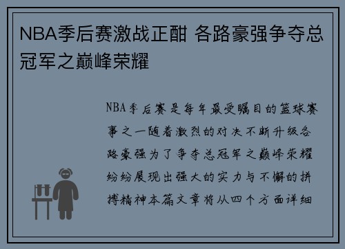 NBA季后赛激战正酣 各路豪强争夺总冠军之巅峰荣耀