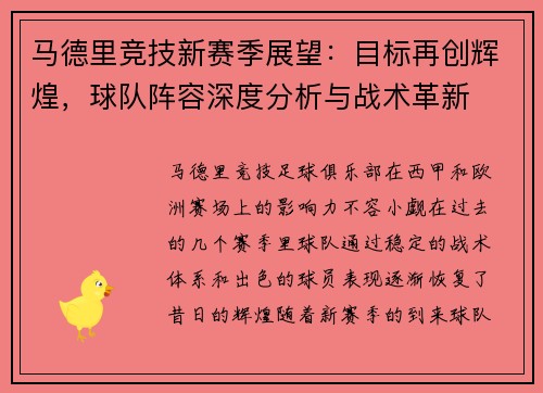 马德里竞技新赛季展望：目标再创辉煌，球队阵容深度分析与战术革新