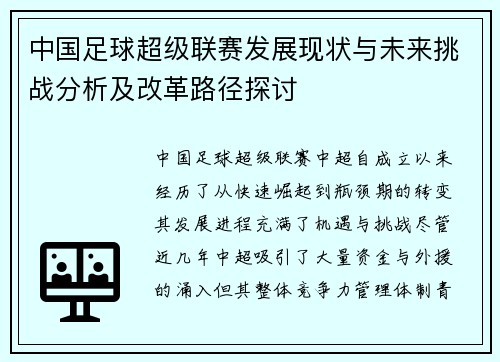中国足球超级联赛发展现状与未来挑战分析及改革路径探讨