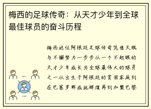 梅西的足球传奇：从天才少年到全球最佳球员的奋斗历程