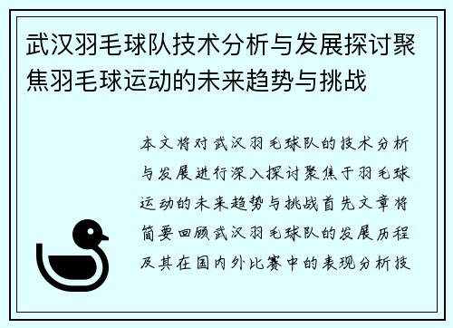 武汉羽毛球队技术分析与发展探讨聚焦羽毛球运动的未来趋势与挑战